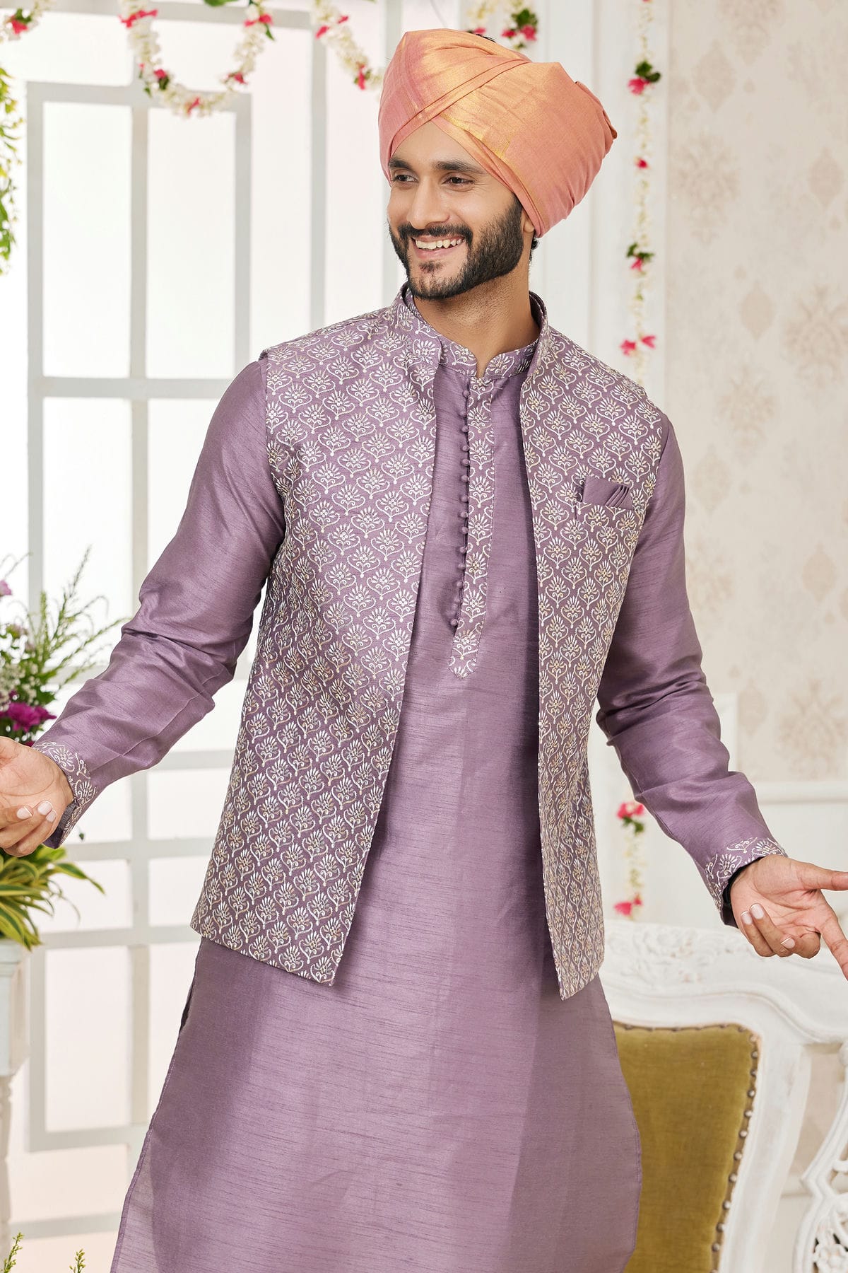 Purple Colour Art Silk Kurta Pajama With Jacket