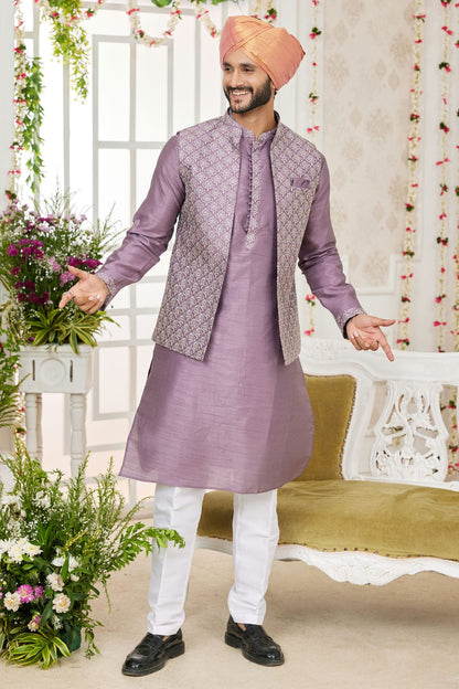 Purple Colour Art Silk Kurta Pajama With Jacket