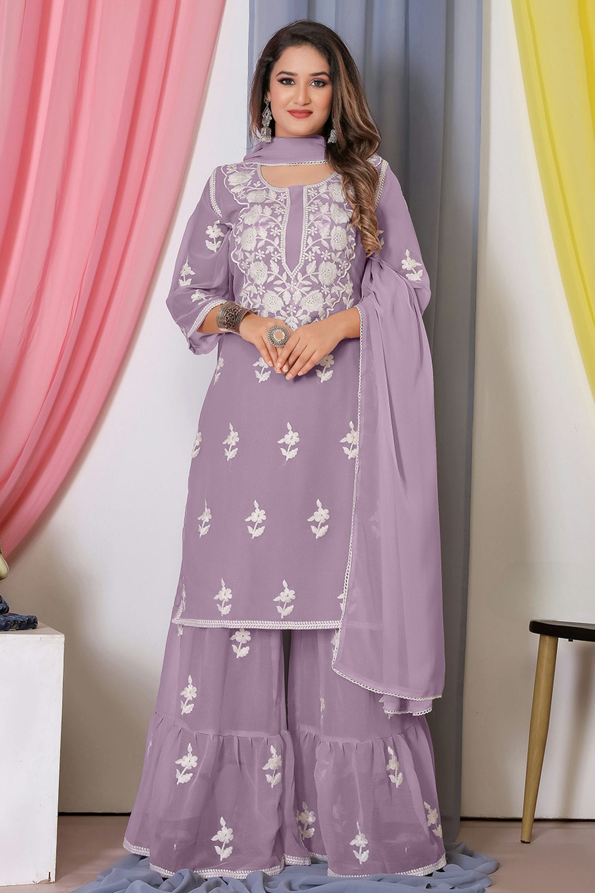 Purple Colour Bamber Georgette Sharara Suit