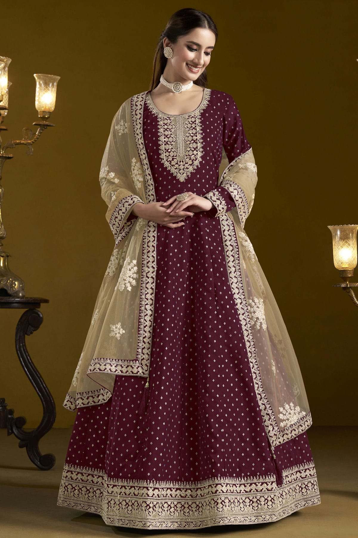 Purple Colour Chanderi Butti Semi Stitched Anarkali Suit