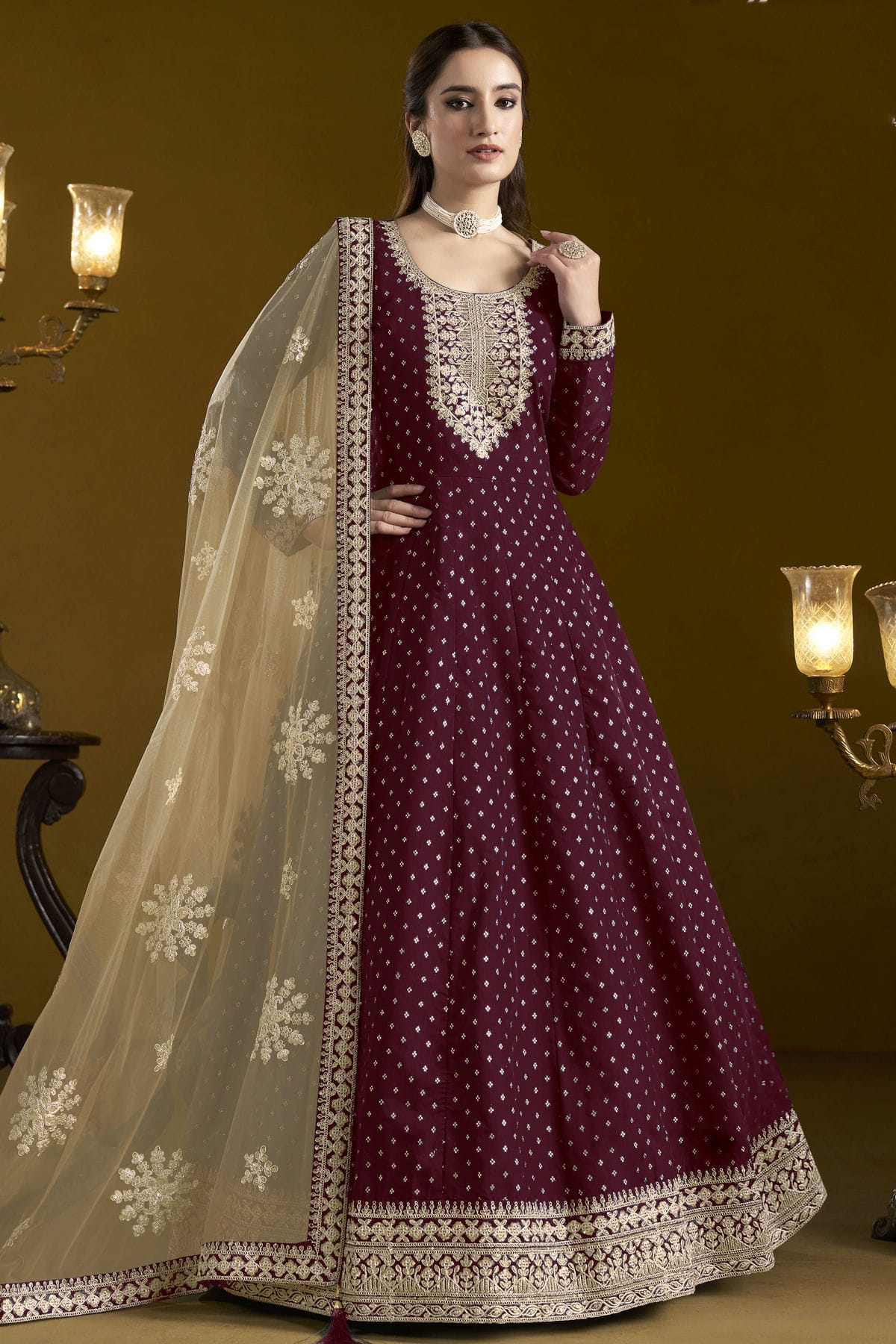 Purple Colour Chanderi Butti Semi Stitched Anarkali Suit