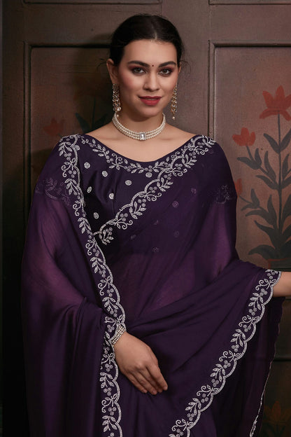 Purple Colour Chiffon Designer Saree