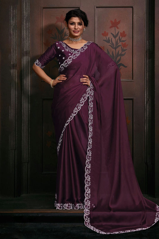 Purple Colour Chiffon Designer Saree