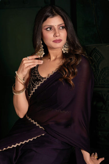 Purple Colour Chiffon Silk Designer Saree