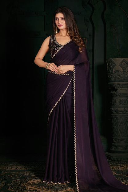 Purple Colour Chiffon Silk Designer Saree