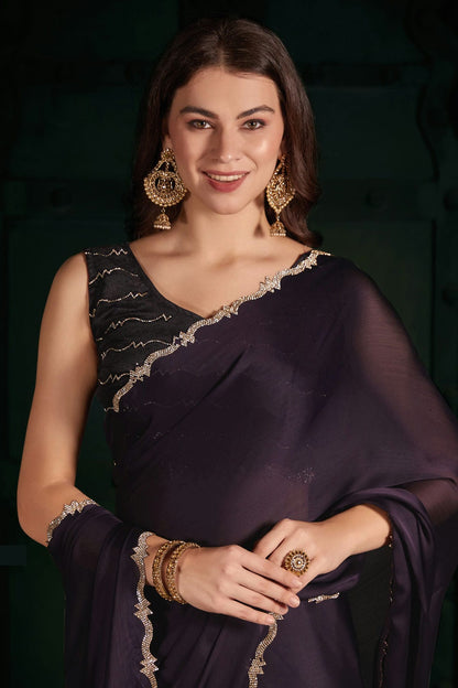 Purple Colour Chiffon Silk Designer Saree