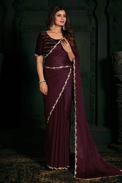 Purple Colour Chiffon Silk Designer Saree