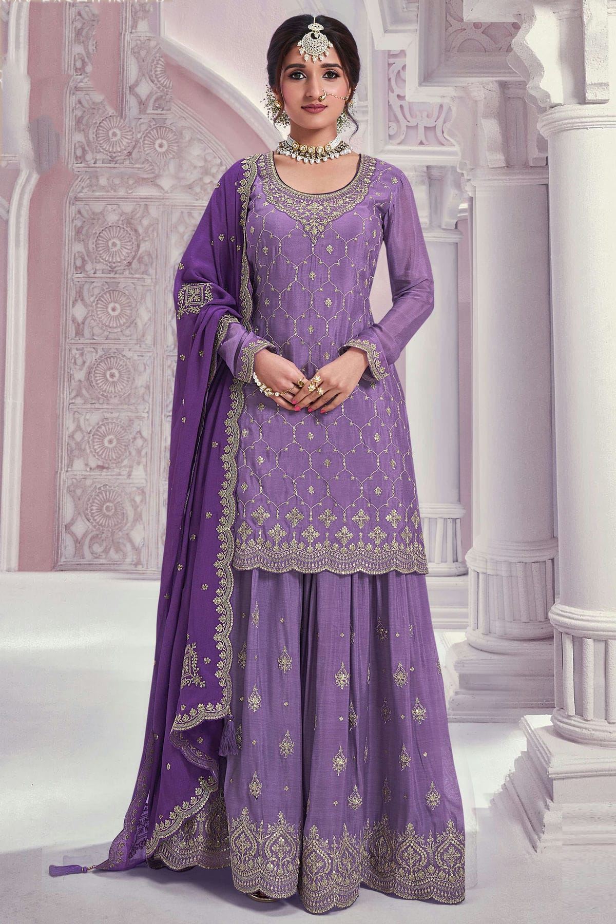 Purple Colour Chinon Palazzo Pant Suit