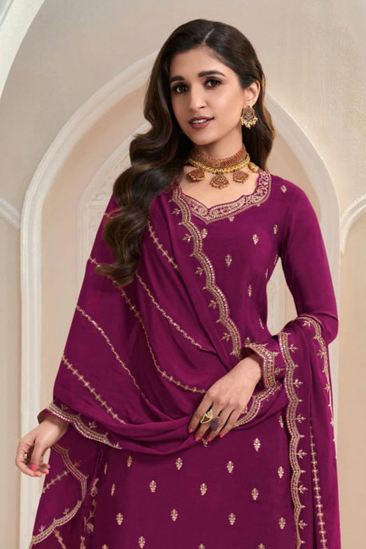 Purple Colour Chinon Palazzo Pant Suit VSSM1140616