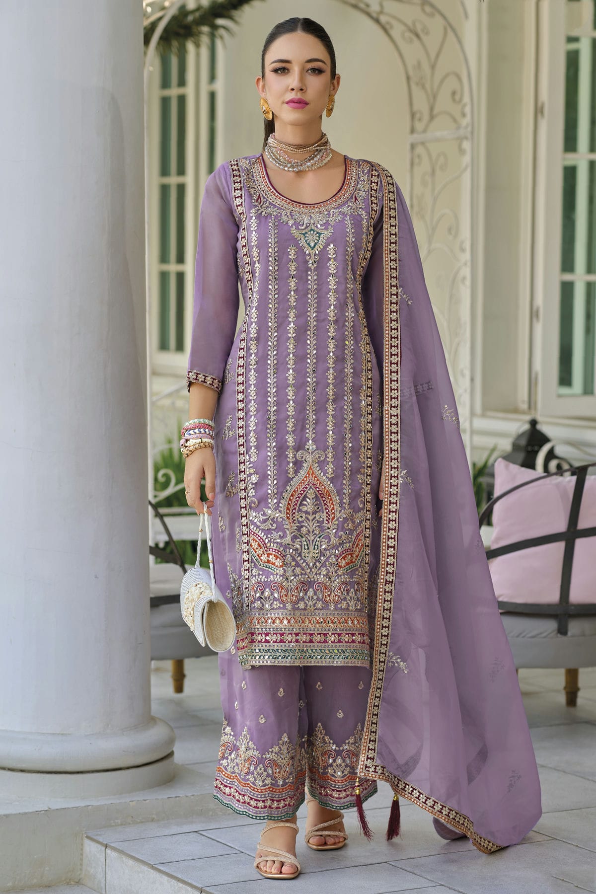 Purple Colour Chinon Readymade Palazzo Pant Suit