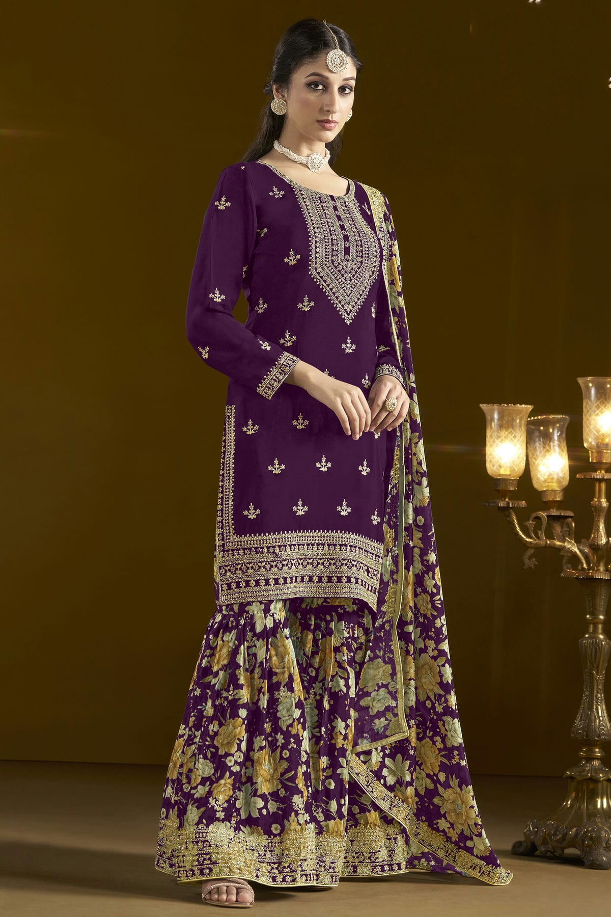 Purple Colour Chinon Semi Stitched Sharara Suit VSSM1050654