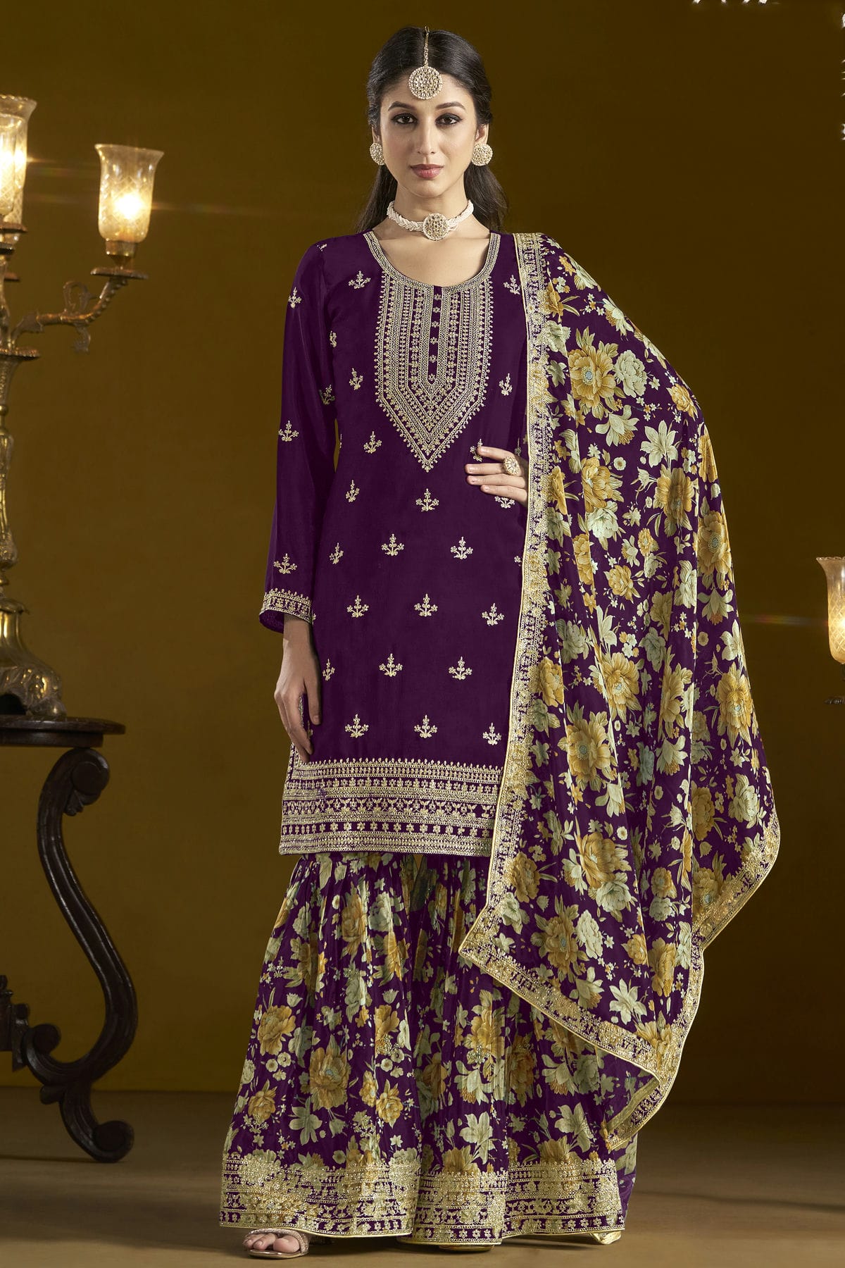 Purple Colour Chinon Semi Stitched Sharara Suit