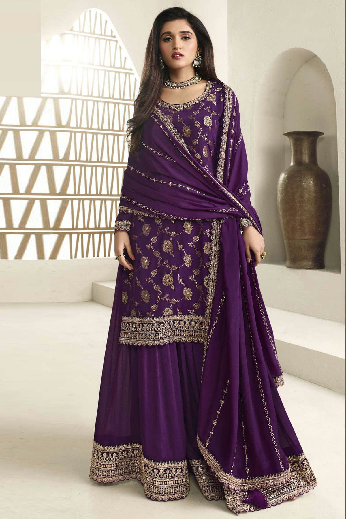 Purple Colour Chinon Sharara Suit