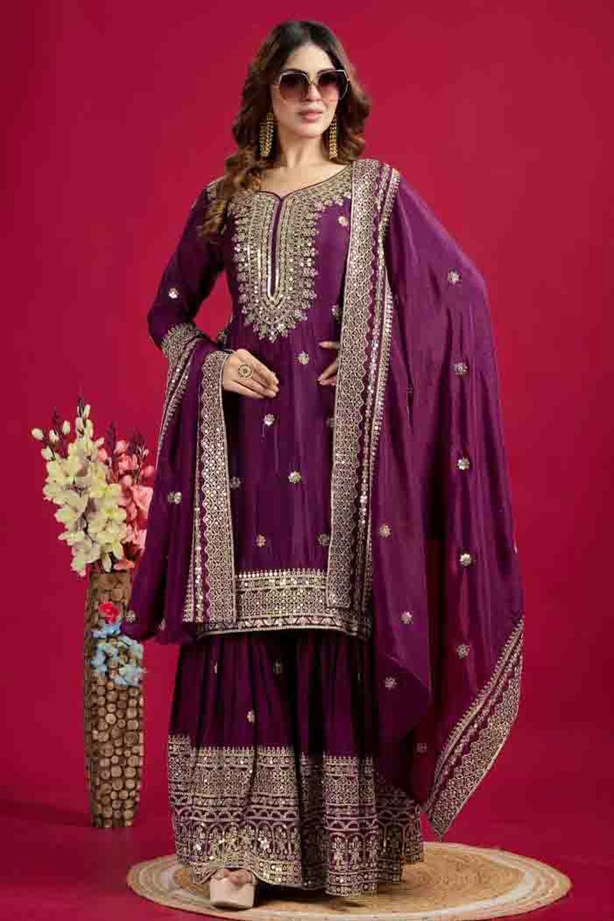 Purple Colour Chinon Silk Stitched Sharara Suit VSSS1140772