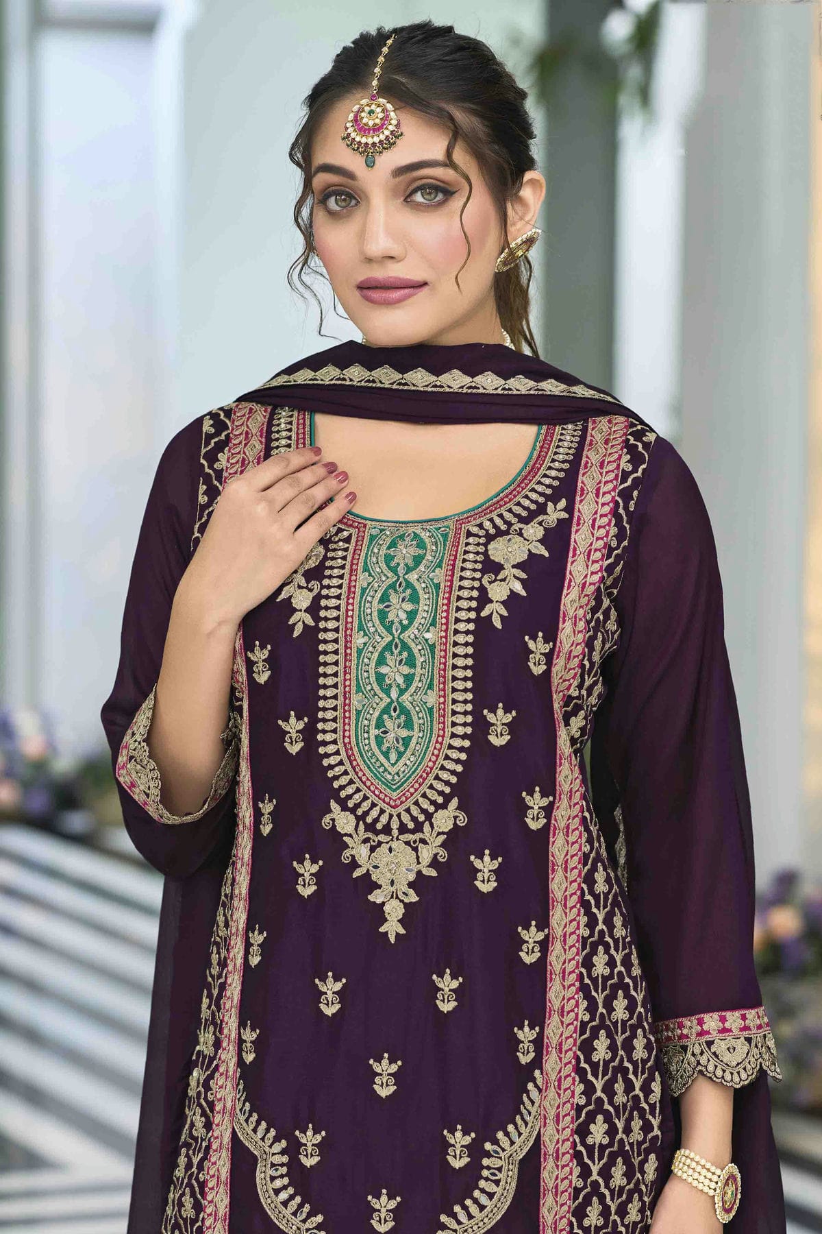 Purple Colour Chinon Stitched Palazzo Pant Suit VSSS1140754