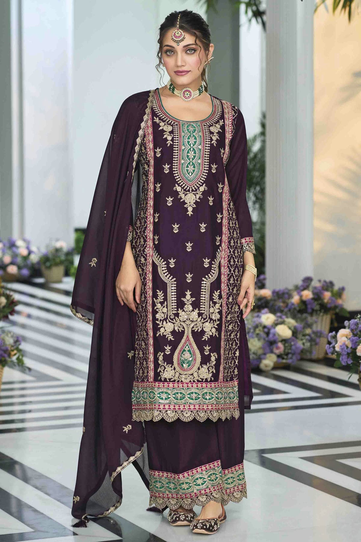 Purple Colour Chinon Stitched Palazzo Pant Suit VSSS1140754