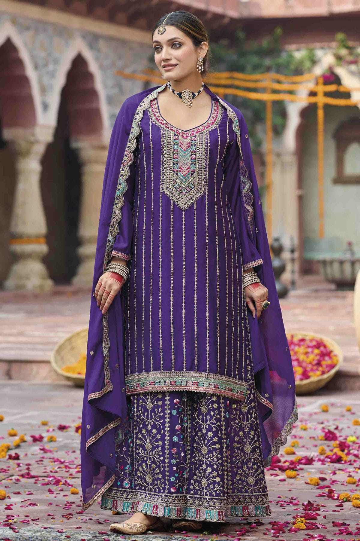 Purple Colour Chinon Stitched Palazzo Pant Suit VSSS1140756