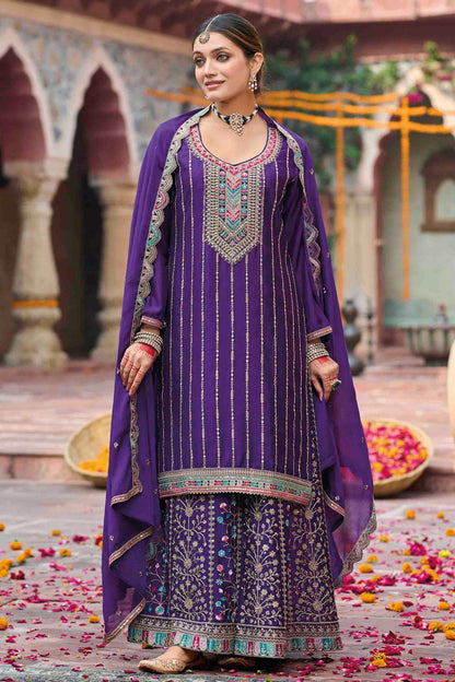 Purple Colour Chinon Stitched Palazzo Pant Suit VSSS1140756