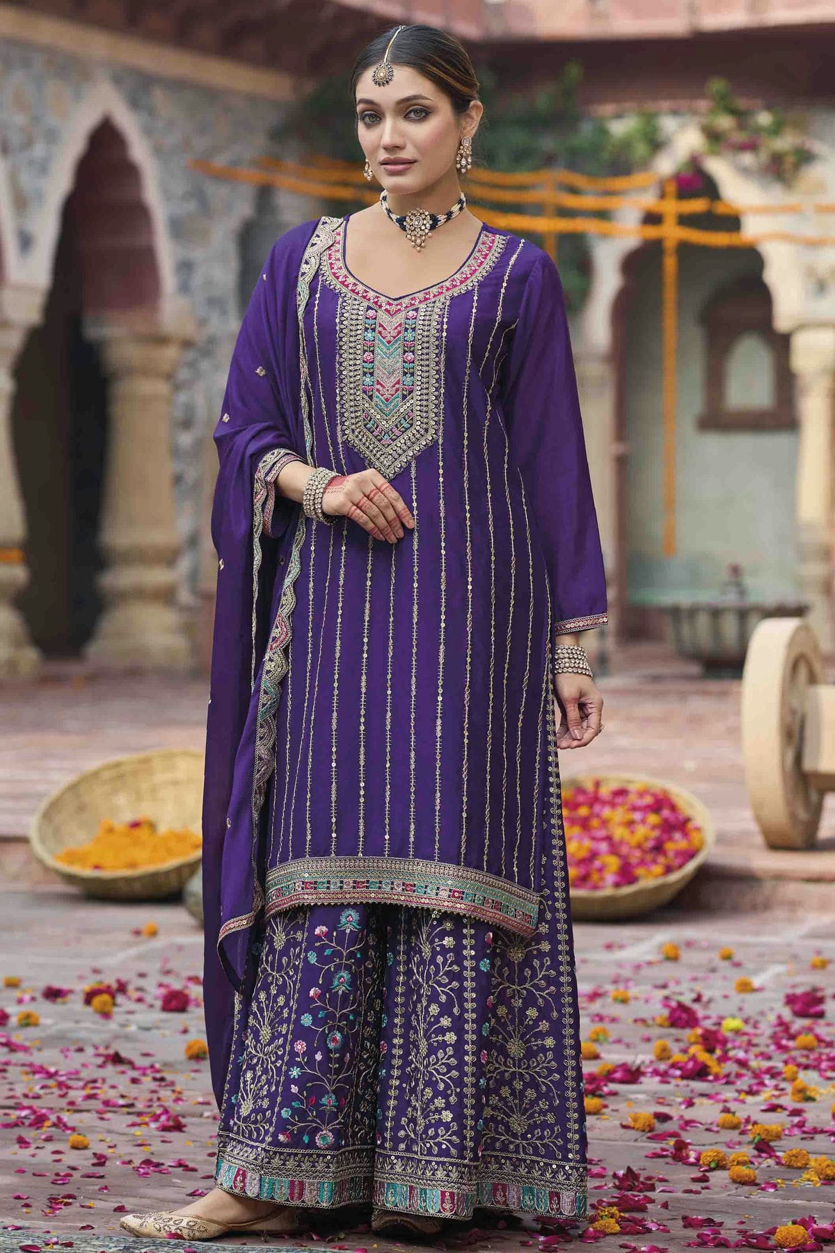 Purple Colour Chinon Stitched Palazzo Pant Suit VSSS1140756