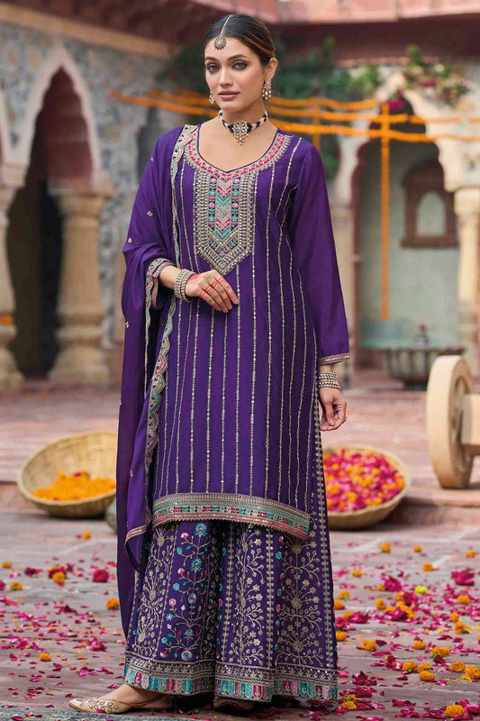 Purple Colour Chinon Stitched Palazzo Pant Suit VSSS1140756