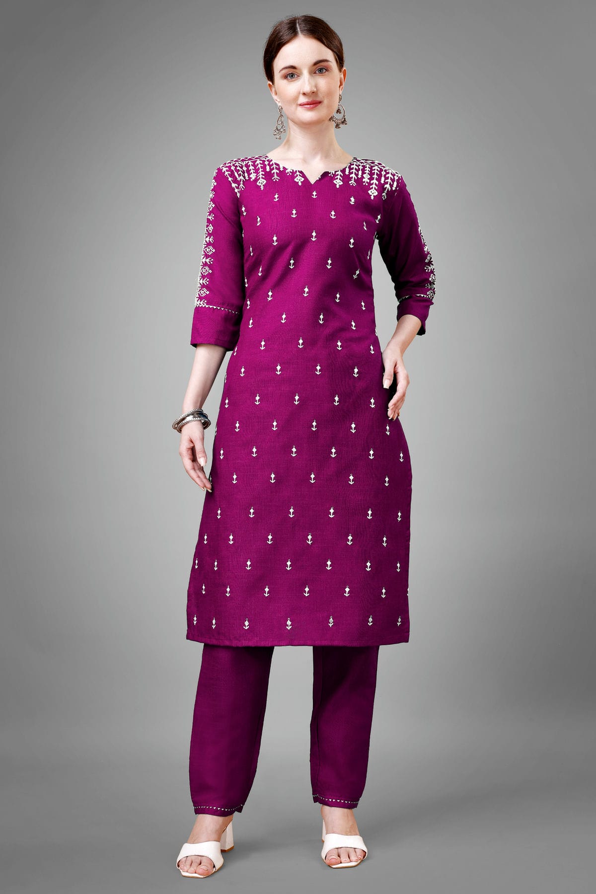 Purple Colour Cotton Blend Kurta And Pant Set