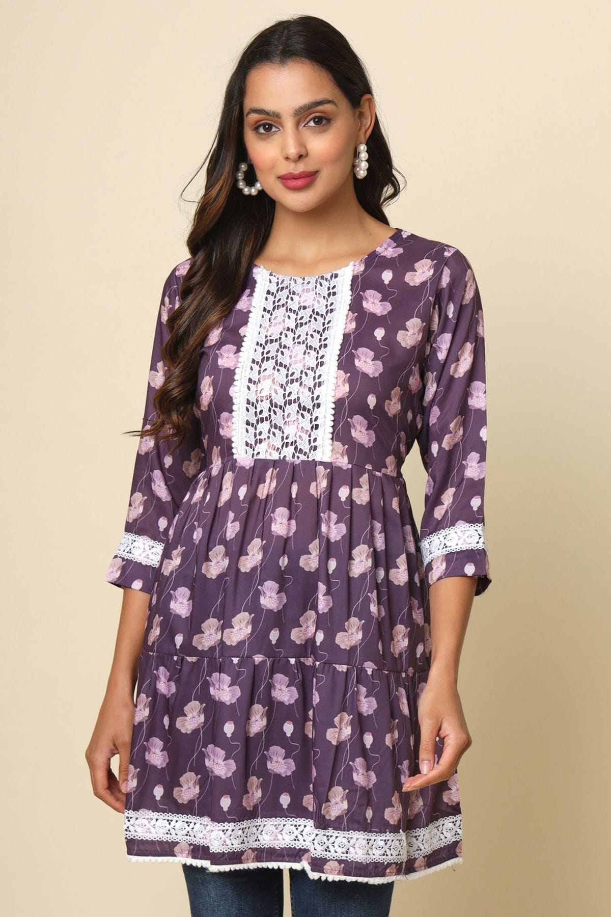 Purple Colour Cotton Printed,Lace Work Work Readymade Top