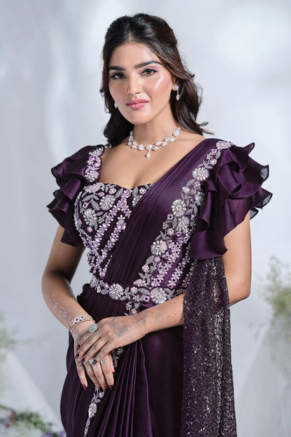 Purple Colour Crepe Satin Silk Ready To Wear Saree