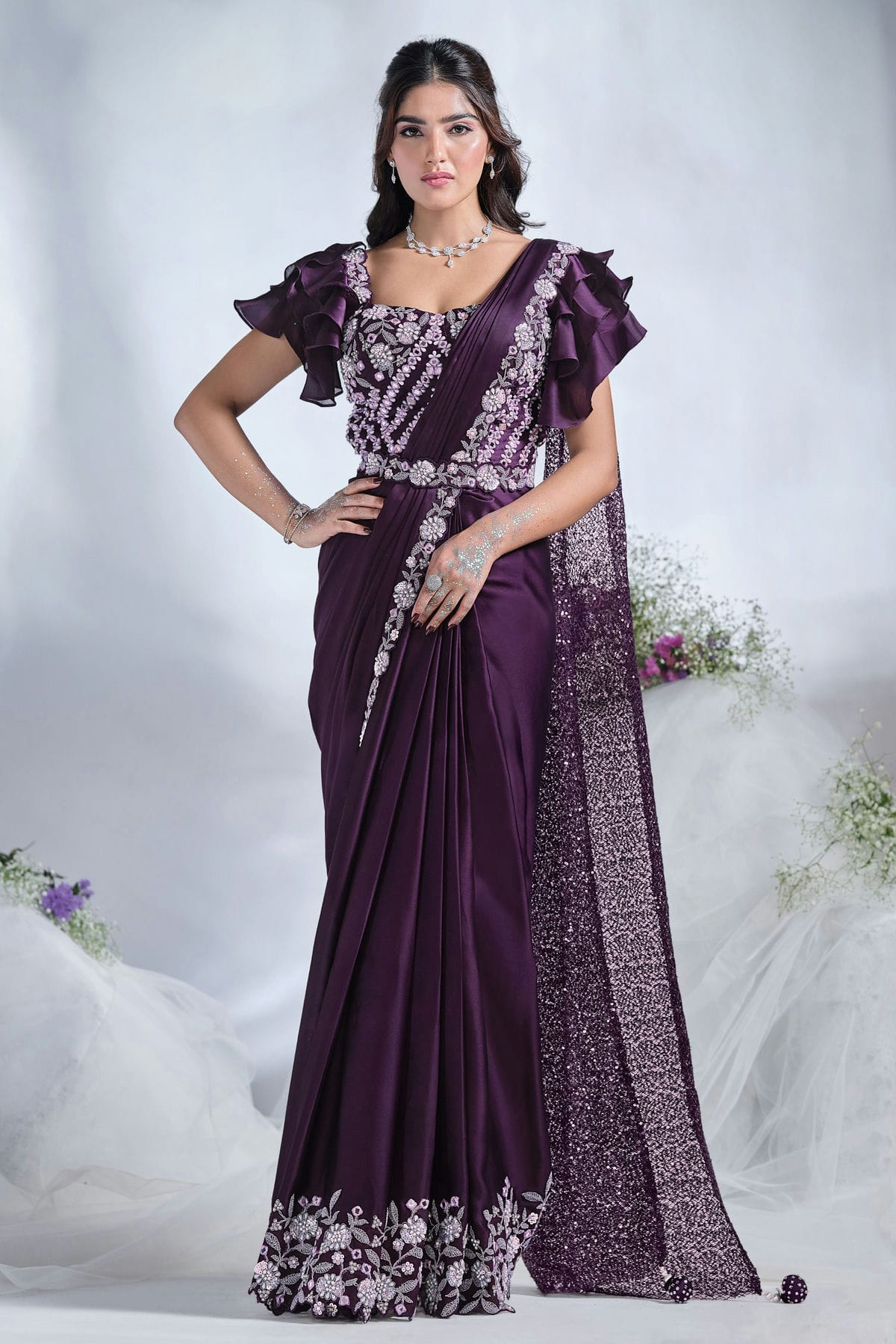 Purple Colour Crepe Satin Silk Ready To Wear Saree