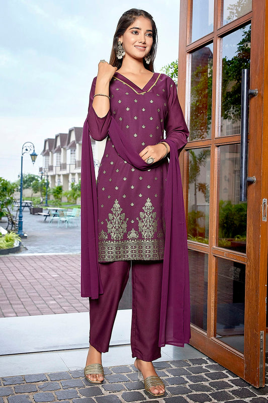 Purple Colour Crepe Stitched Suit