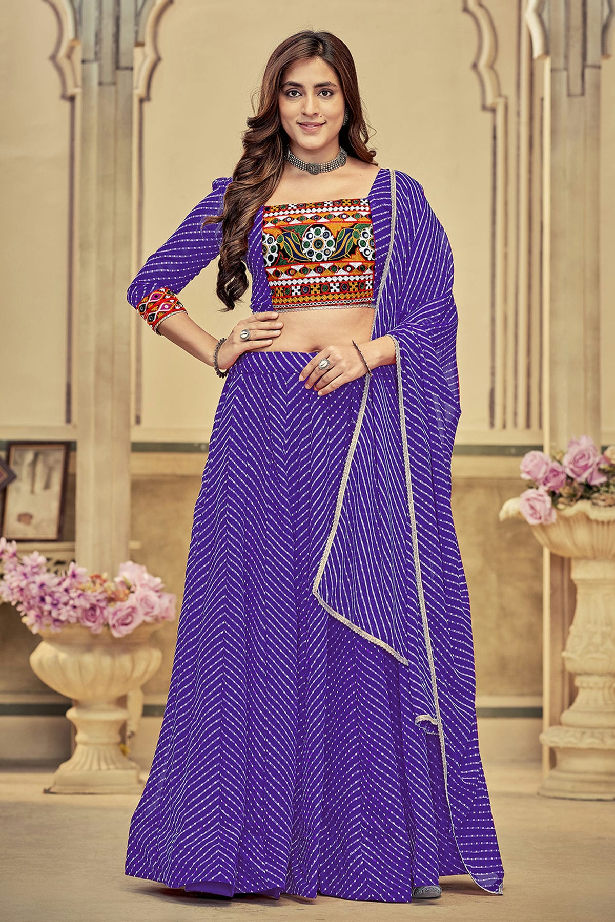 Purple Colour Embroidery Work Georgette Navratri Lehenga