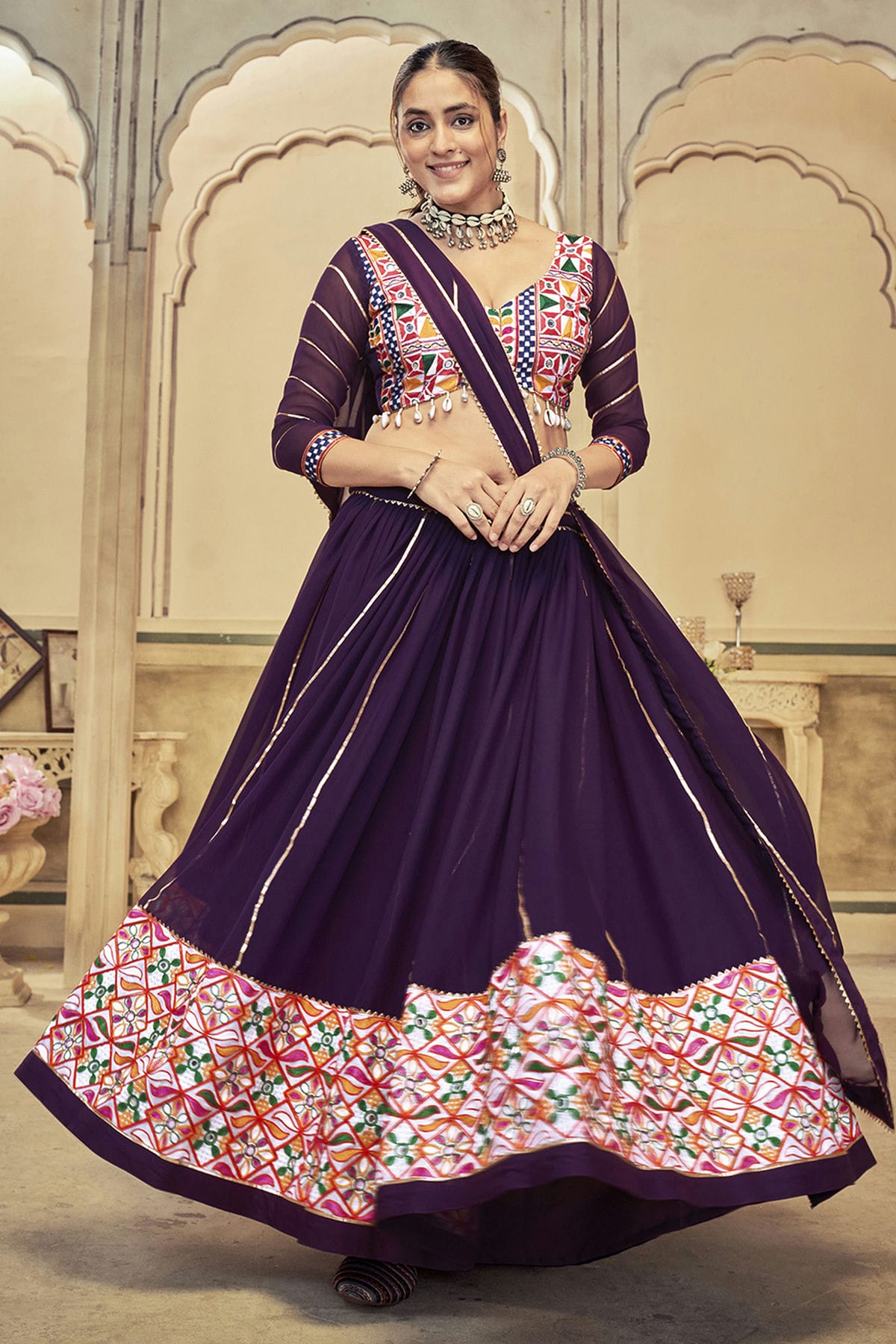 Purple Colour Embroidery Work Georgette Navratri Lehenga