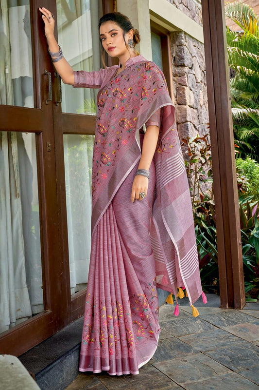 Purple Colour Embroidery Work Linen Saree