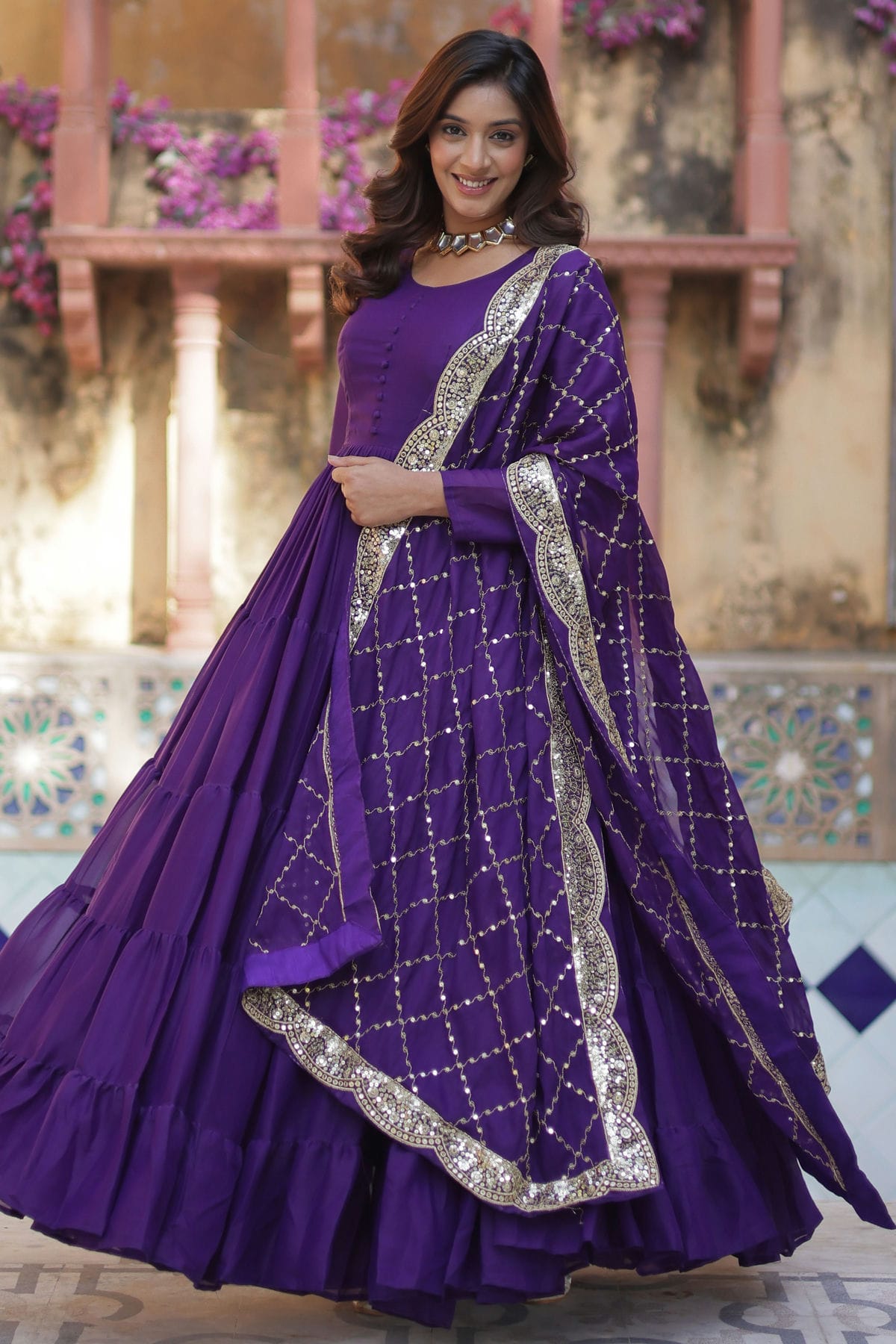 Purple Colour Faux Georgette Fabric Stitched Gown VSGW1112371