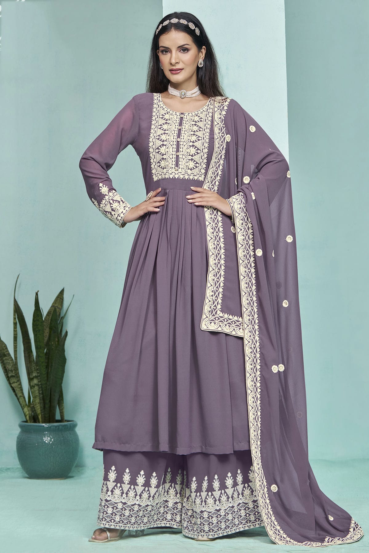 Purple Colour Faux Georgette Palazzo Pant Suit