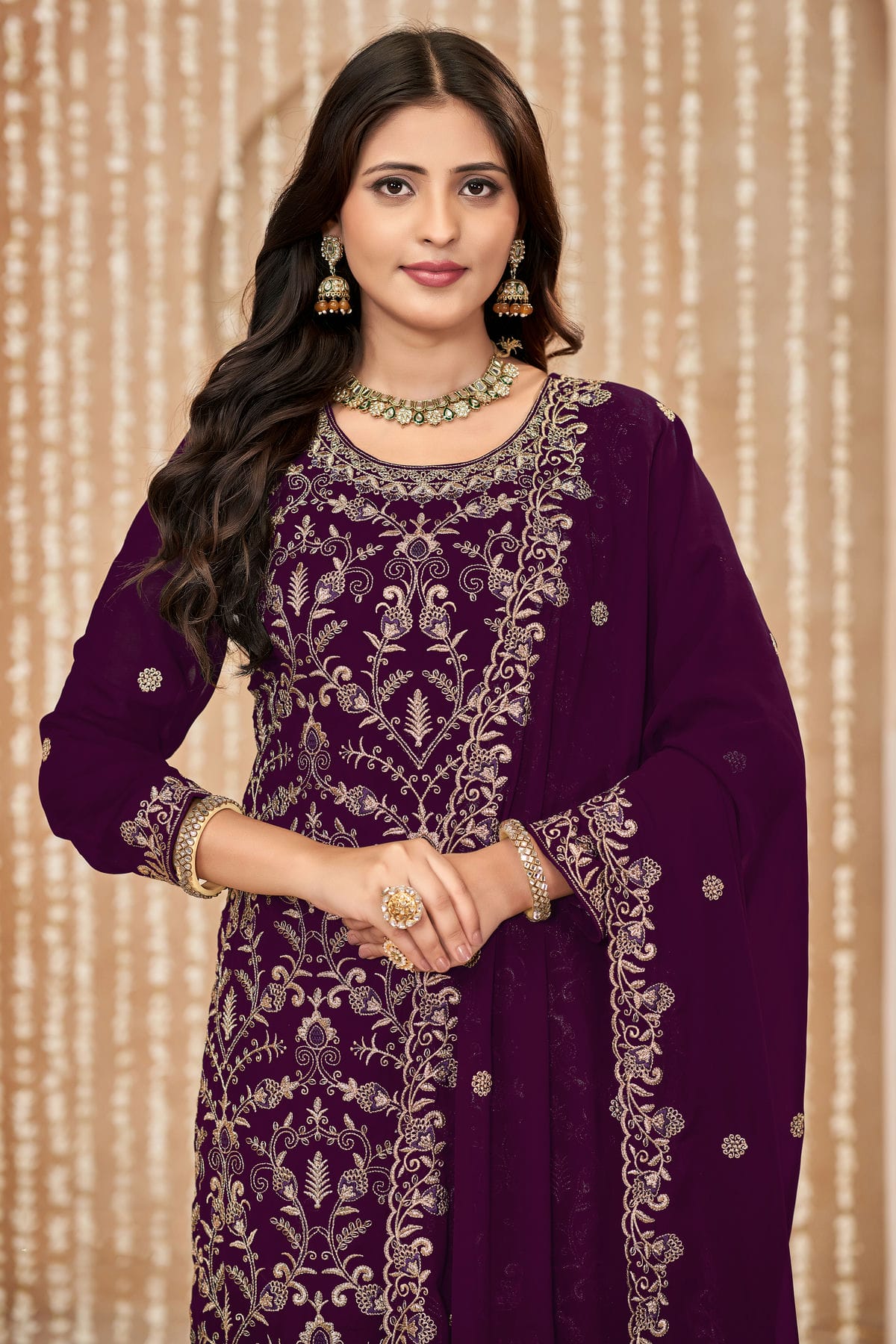 Purple Colour Faux Georgette Pant Style Suit