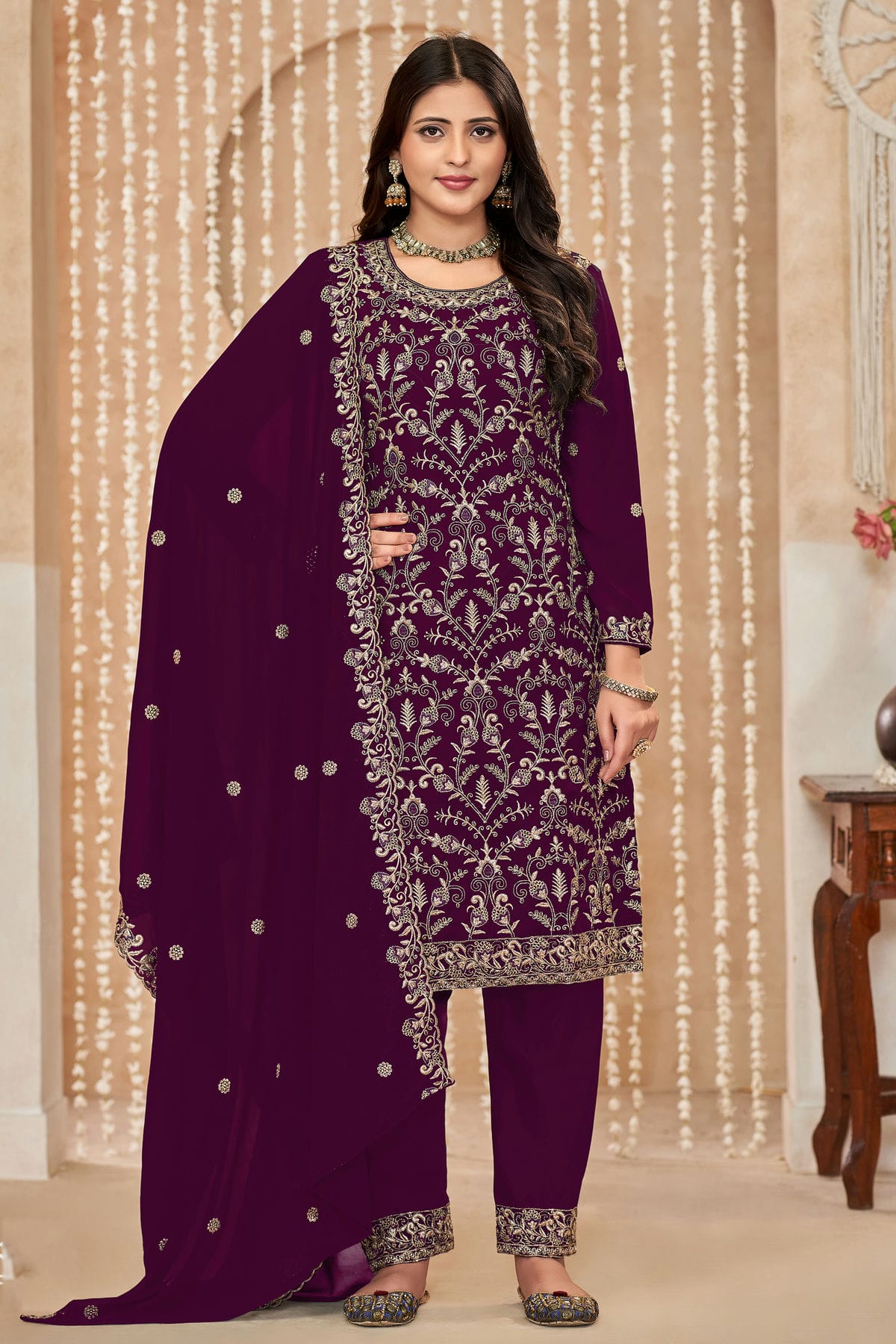 Purple Colour Faux Georgette Pant Style Suit