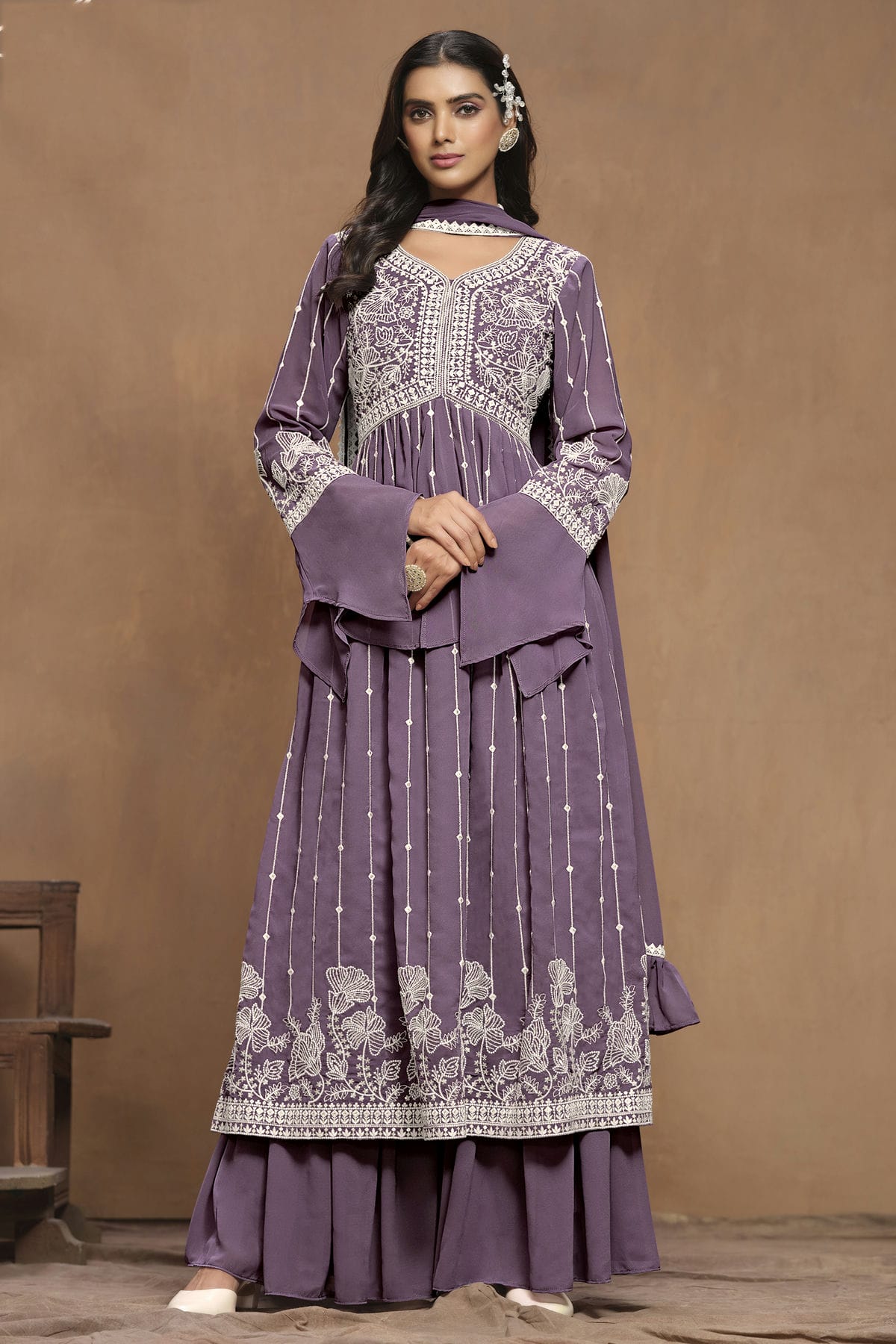 Purple Colour Faux Georgette Semi Stitched Sharara Suit