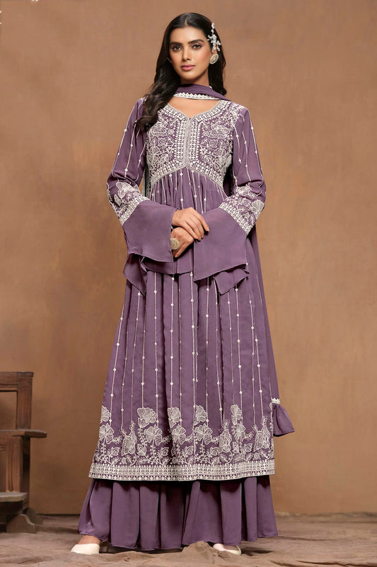 Purple Colour Faux Georgette Semi Stitched Sharara Suit