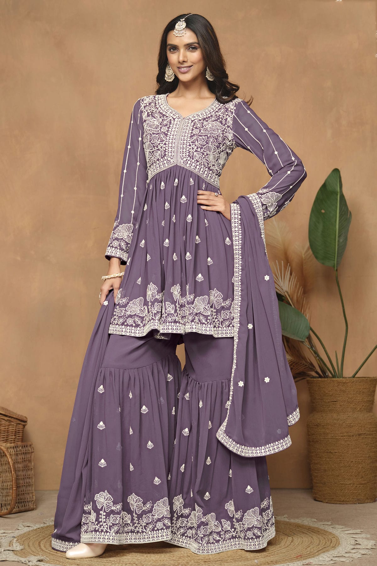 Purple Colour Faux Georgette Sharara Suit