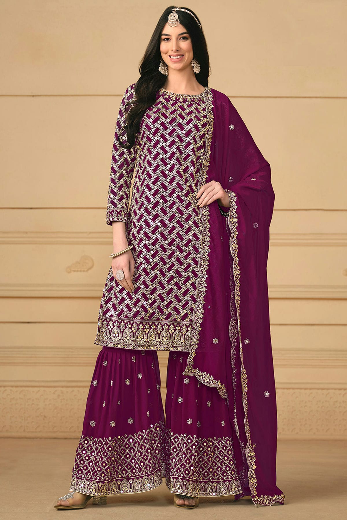 Purple Colour Faux Georgette Sharara Suit