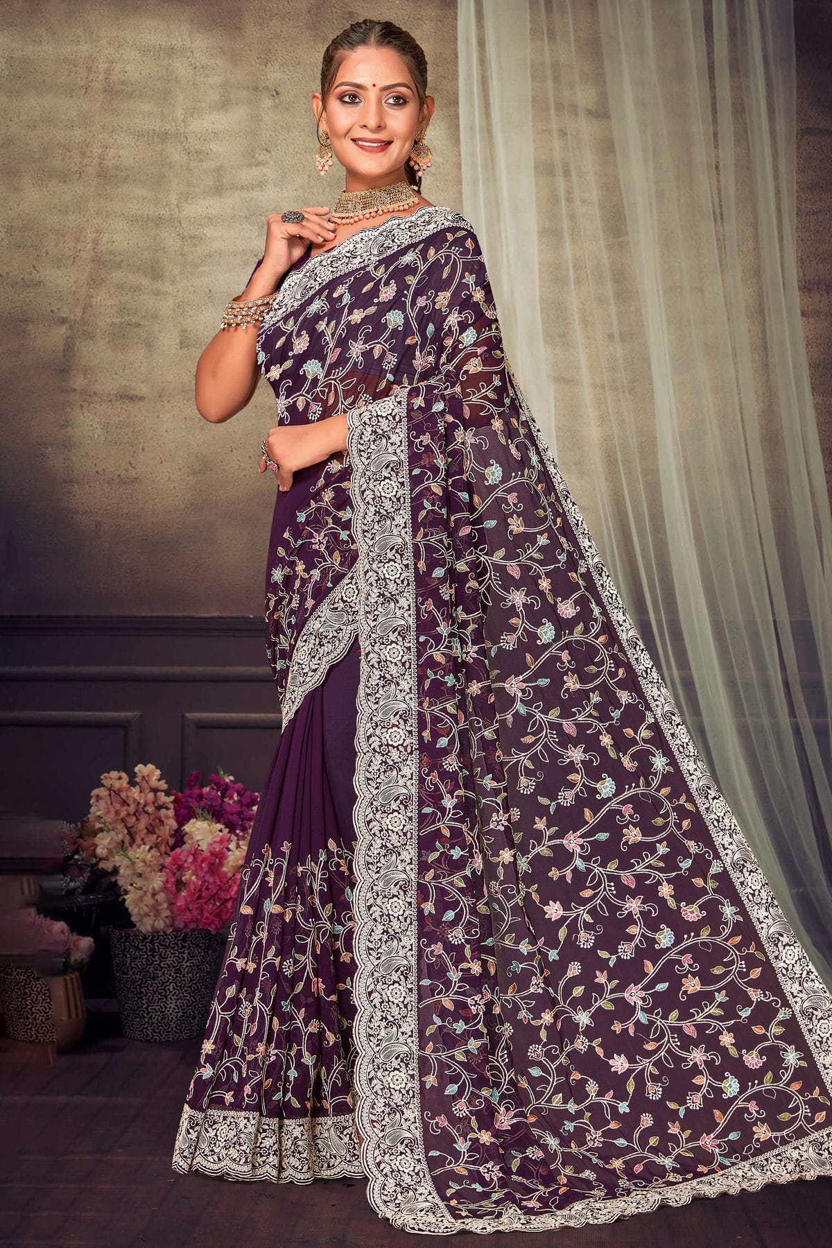 Purple Colour Georgette Designer Saree