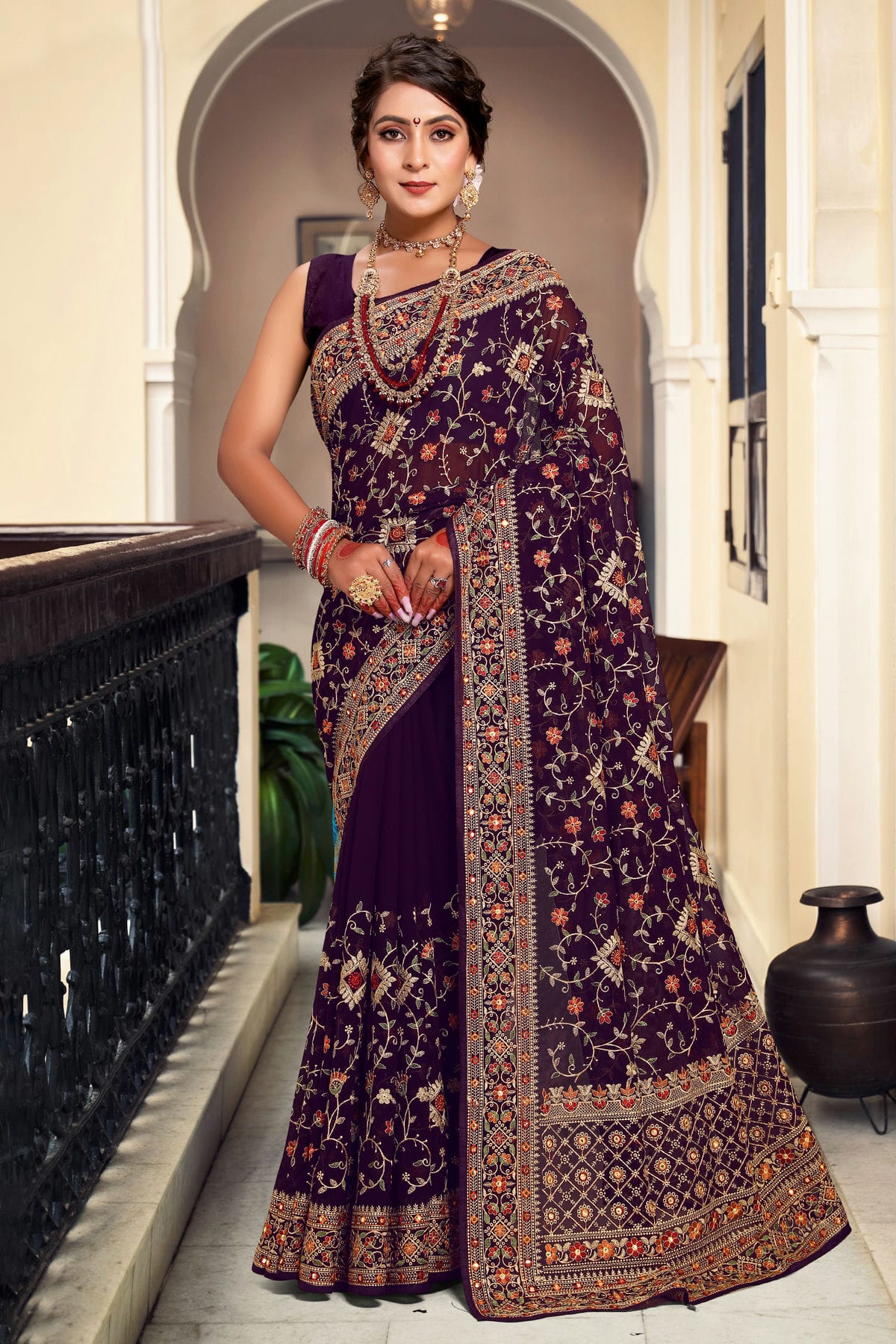 Purple Colour Georgette Designer Saree