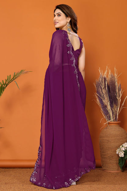 Purple Colour Georgette Mirror Work Saree