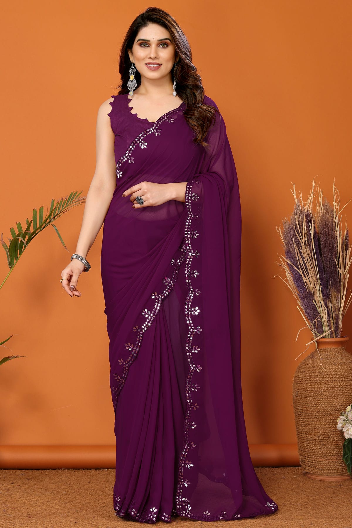 Purple Colour Georgette Mirror Work Saree