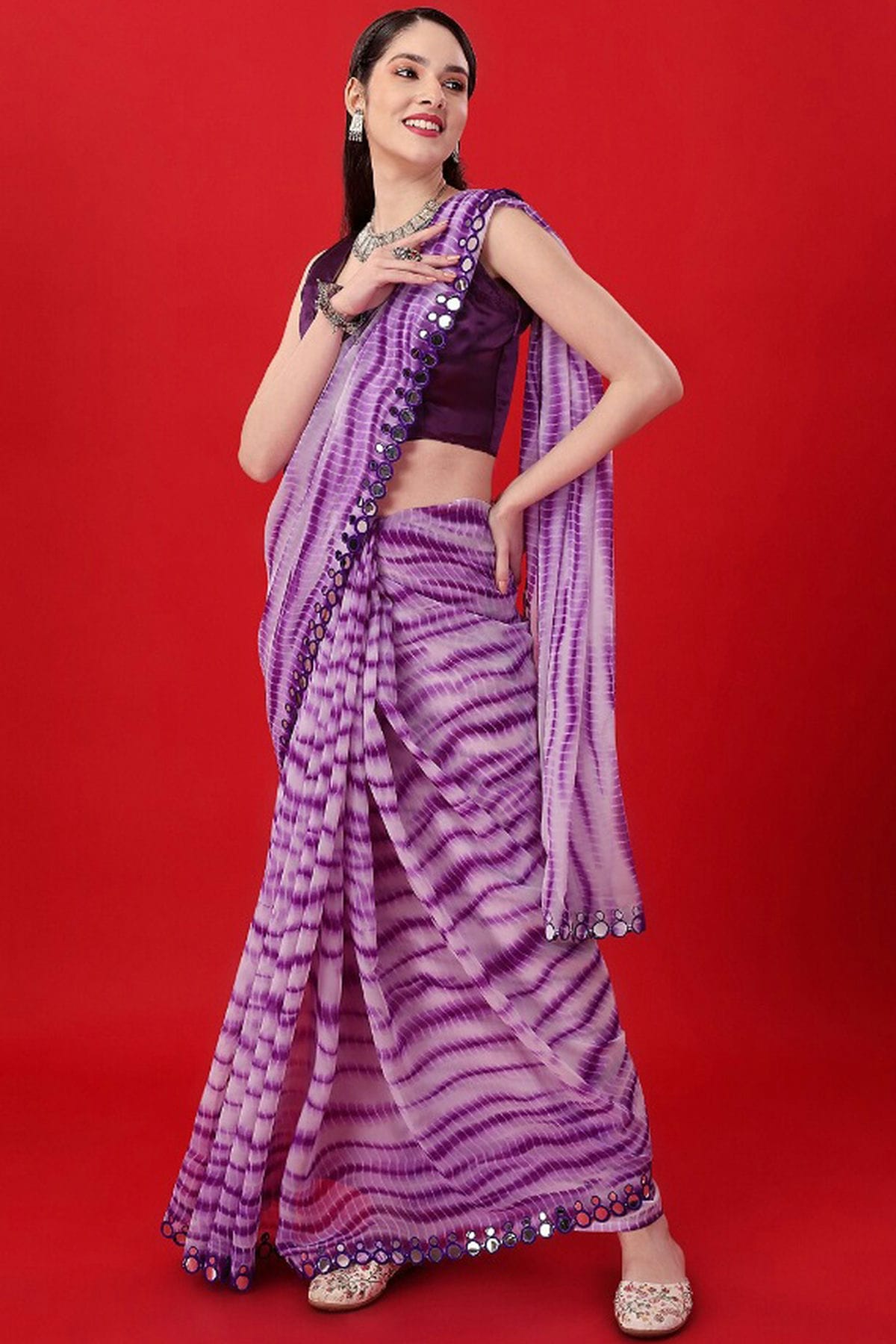 Purple Colour Georgette Mirror Work Saree