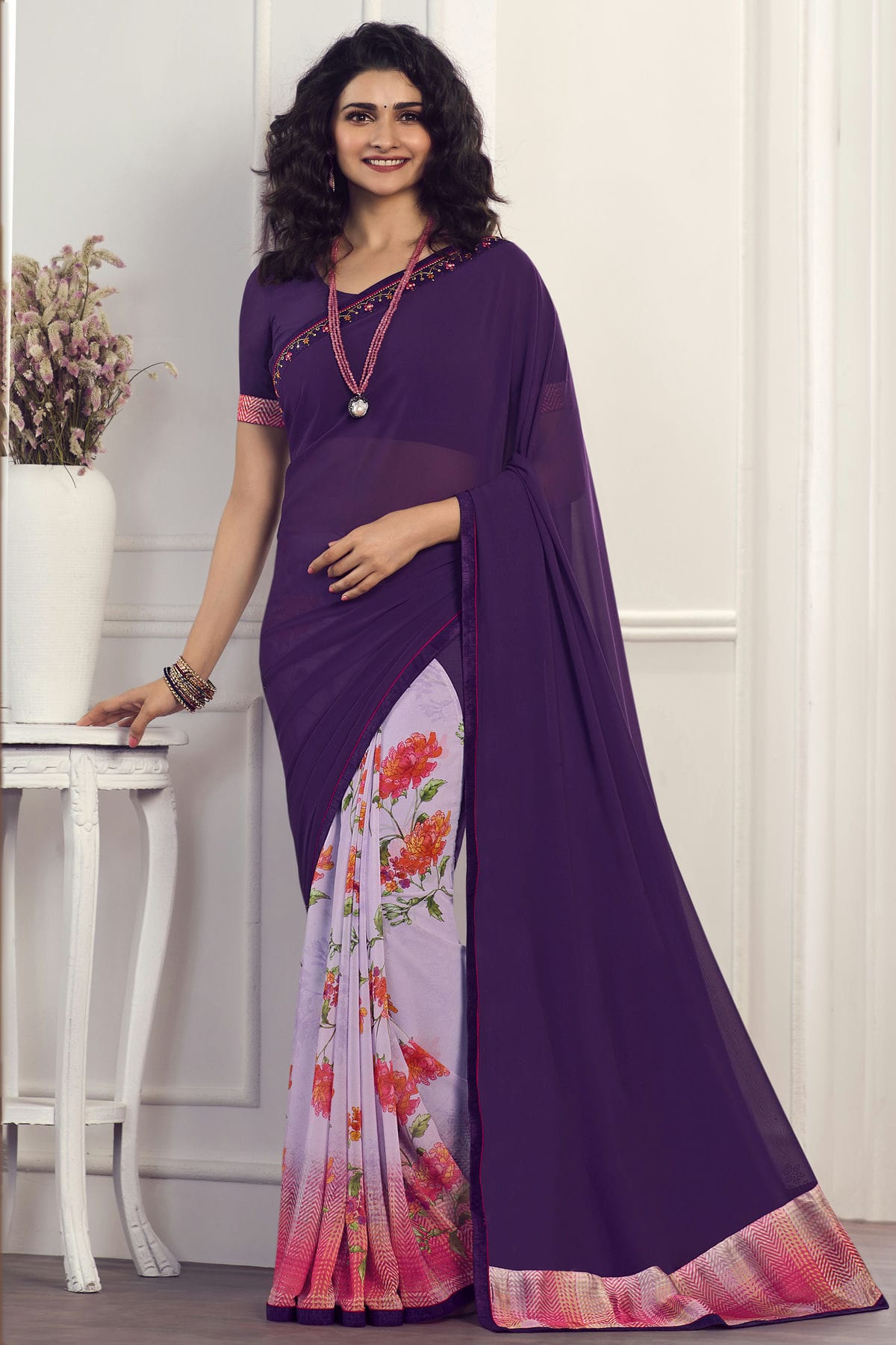 Purple Colour Georgette Printed Saree