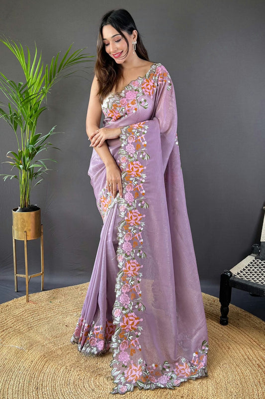 Purple Colour Glossy Silk Designer Saree