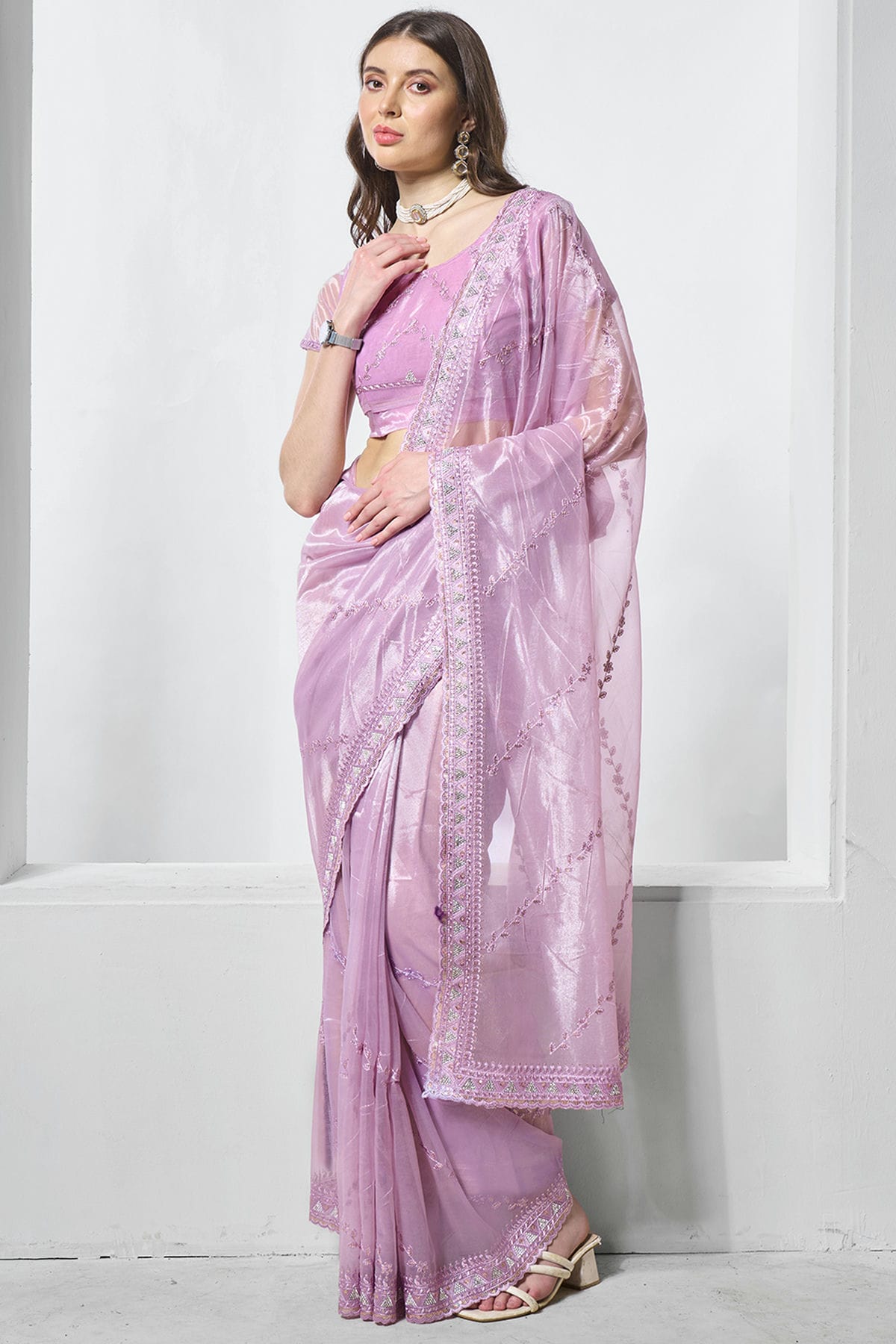 Purple Colour Gold Tissue Net Designer Saree