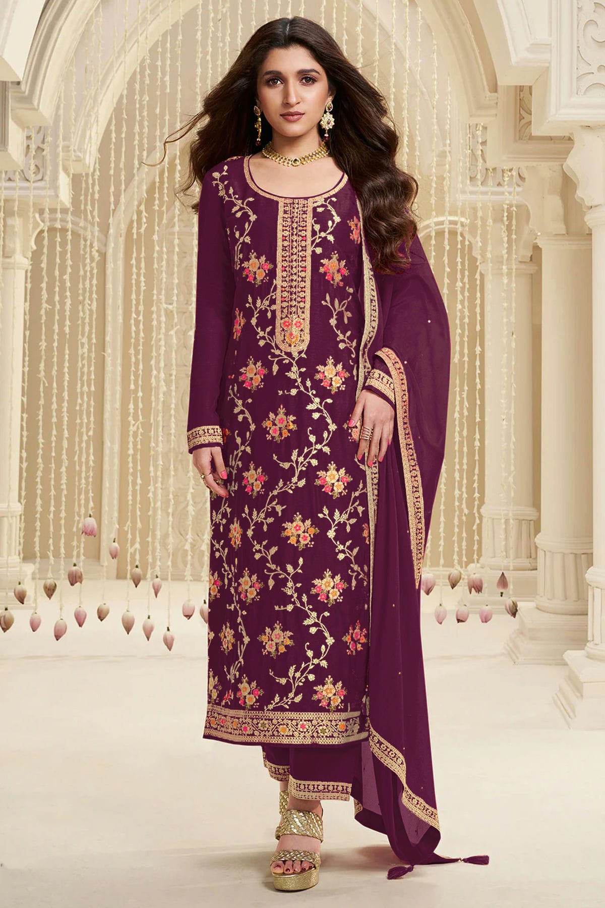 Purple Colour Jacquard Viscose Straight Suit