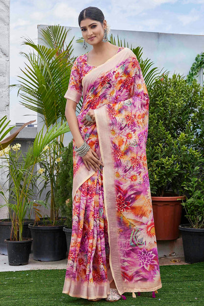 Purple Colour Linen Blend Printed Saree